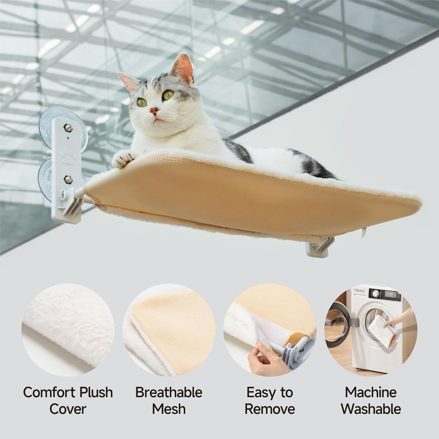 MEWOOFUN Cat Window Perch Hammock With Steel Frame And Strong Suction Cups Washable Cat Bed Seat For Indoor Cats White Medium