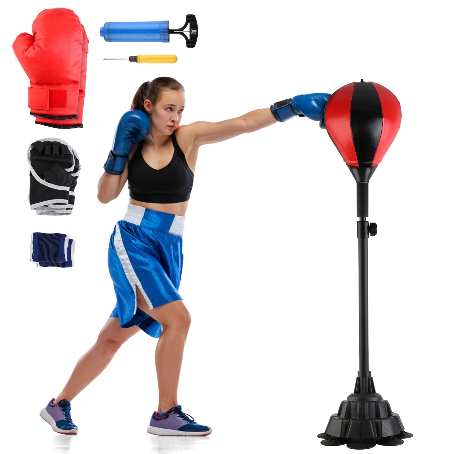 Punching Bag With Stand Free Standing Boxing Ball For Adults 43.3-63in Height Adjustable Boxing Bag With Gloves Wrist Sleeves Stable Suction Base For Fitness Speed Training