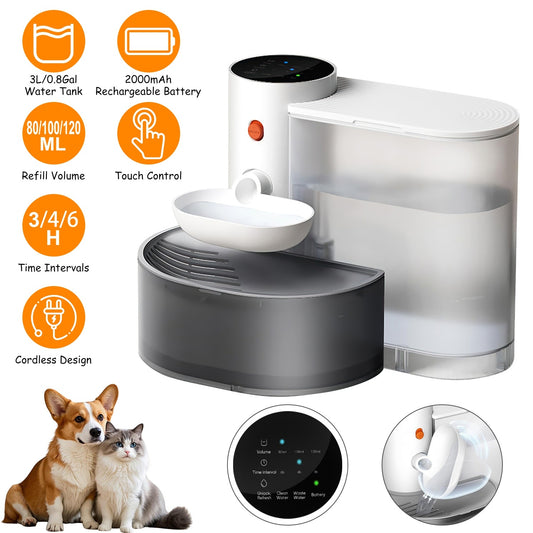 1Pc Smart Pet Water Fountain Automatic Cat Water Dispenser 3L Cordless Rechargeable Dog Water Fountain Self-Refill With 3 Adjustable Volume 3 Time Intervals Touch Control