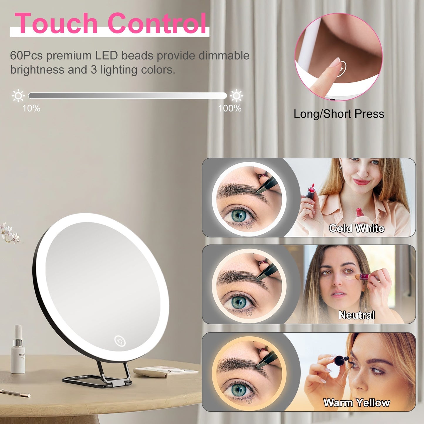 White-Black Options -- 1Pc 30X Magnifying Mirror With Light 3 Colors Dimmable Brightness Included Tweezer Scissor Travel Magnifying Makeup Mirror With Suction Cup 360 Degree Adjustable Stand