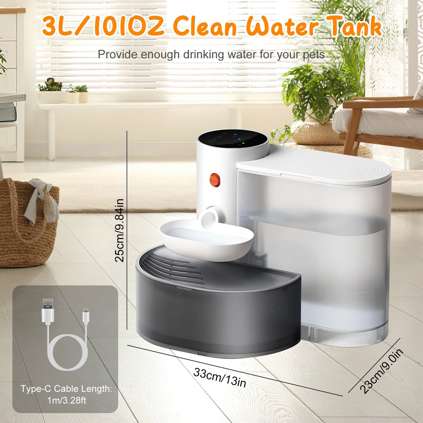 1Pc Smart Pet Water Fountain Automatic Cat Water Dispenser 3L Cordless Rechargeable Dog Water Fountain Self-Refill With 3 Adjustable Volume 3 Time Intervals Touch Control