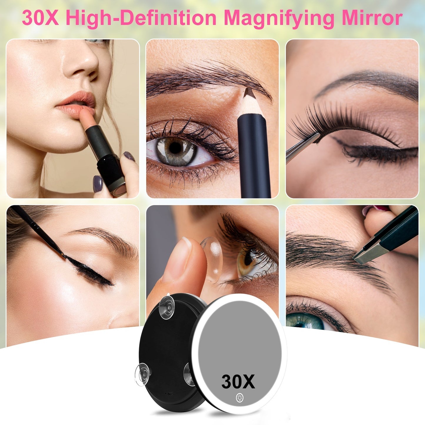 White-Black Options -- 1Pc 30X Magnifying Mirror With Light 3 Colors Dimmable Brightness Included Tweezer Scissor Travel Magnifying Makeup Mirror With Suction Cup 360 Degree Adjustable Stand