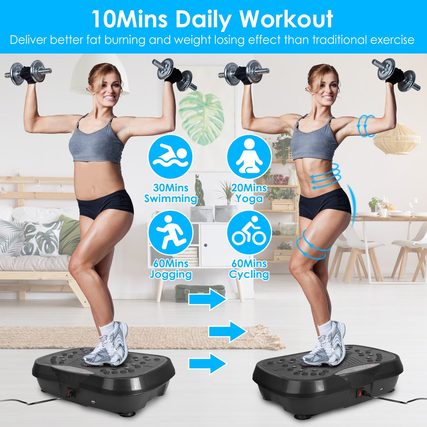 1Pc Vibration Exercise Machine Vibrating Plate Platform Whole Body Fitness Vibration Workout Equipment With 120 Speeds 1-20Mins Timer Resistant Bands Remote Control 330LBS Max Load