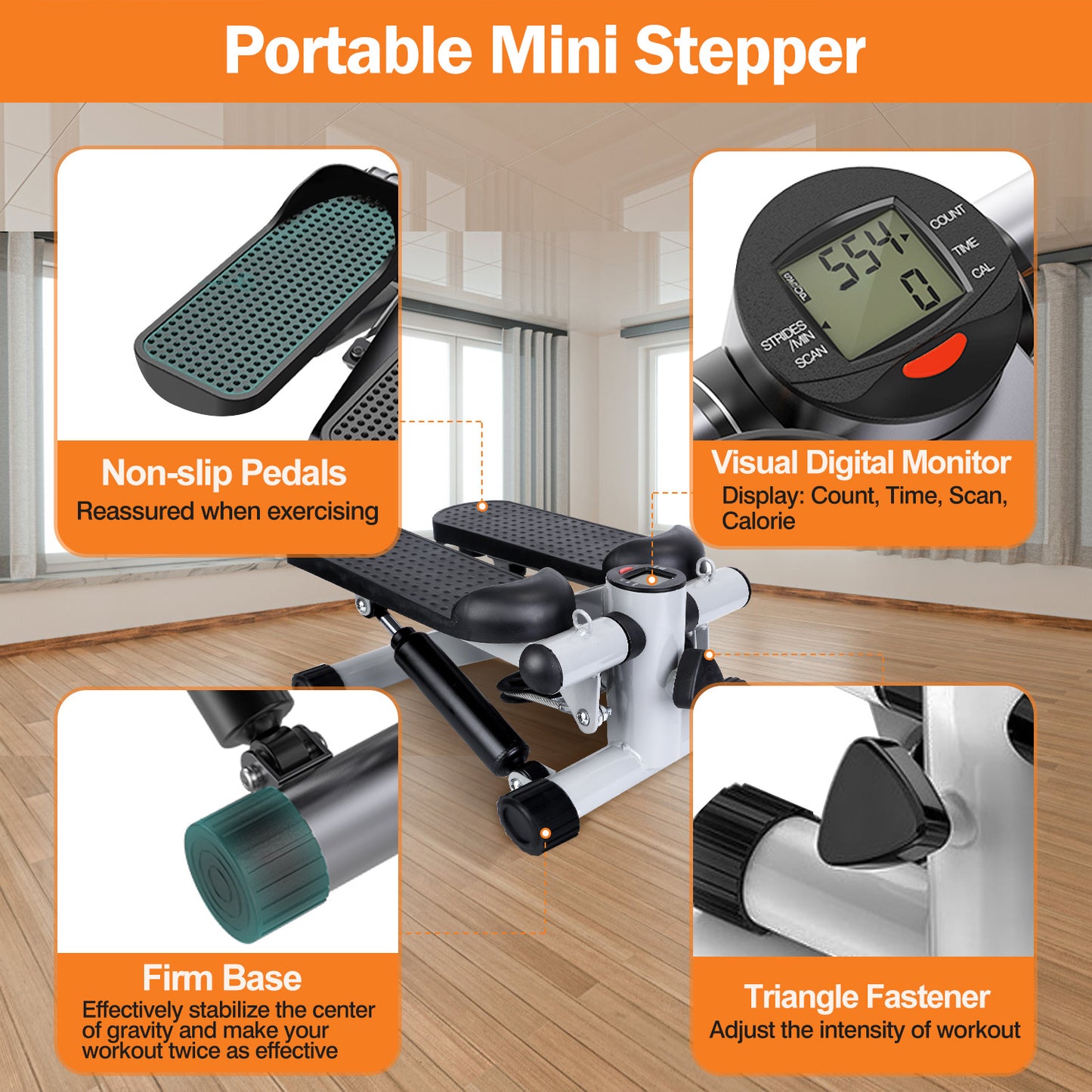 Stepper For Exercise Mini Fitness Stepper With 2 Resistance Bands LCD Monitor Max 330.7LBS Load Stair Stepper Quiet Stepper