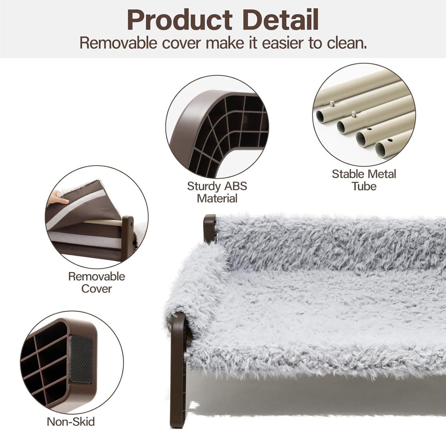 MEWOOFUN Elevated Pet Bed - Raised Cat & Small Dog Couch With Washable Cover & Non-Slip Base, Supports 44 Lbs For Indoor Outdoor Use Plush Grey