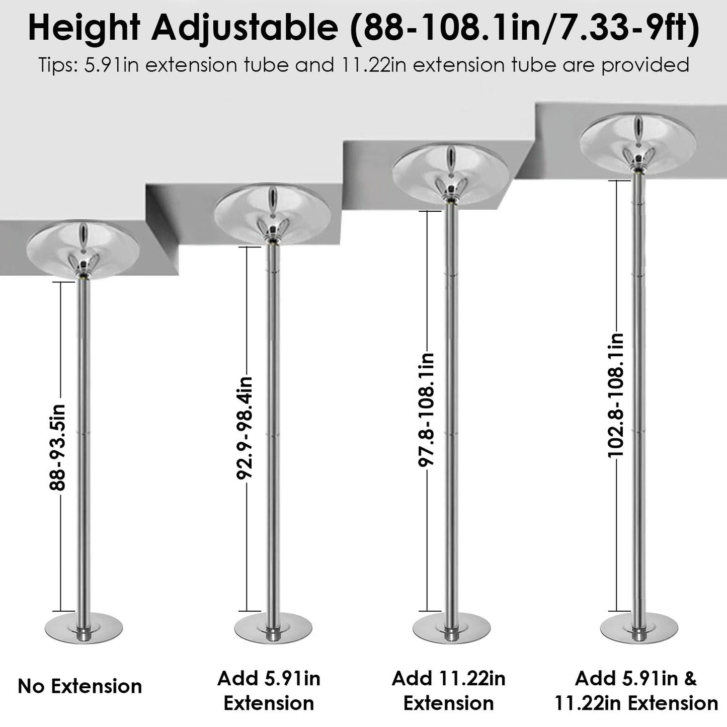 1Pc Stripper Dance Pole 45mm Spinning Static Dancing Pole With 88-108.1in Adjustable Height 551LBS Weight Capacity For Fitness Exercise Party Home Club Gym